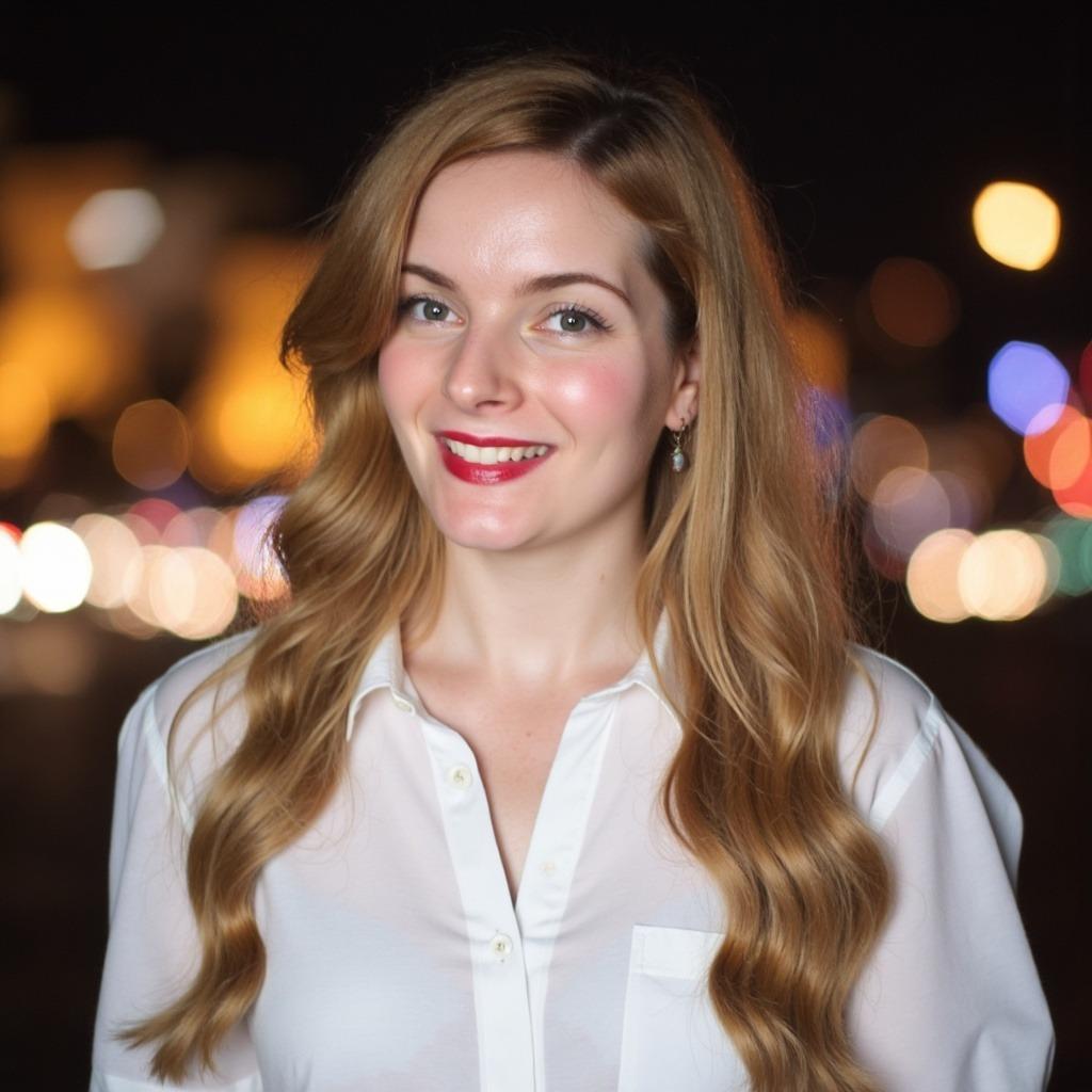 Jaunita Flessas, smiling, in a white collared shirt, against blurred night lights.